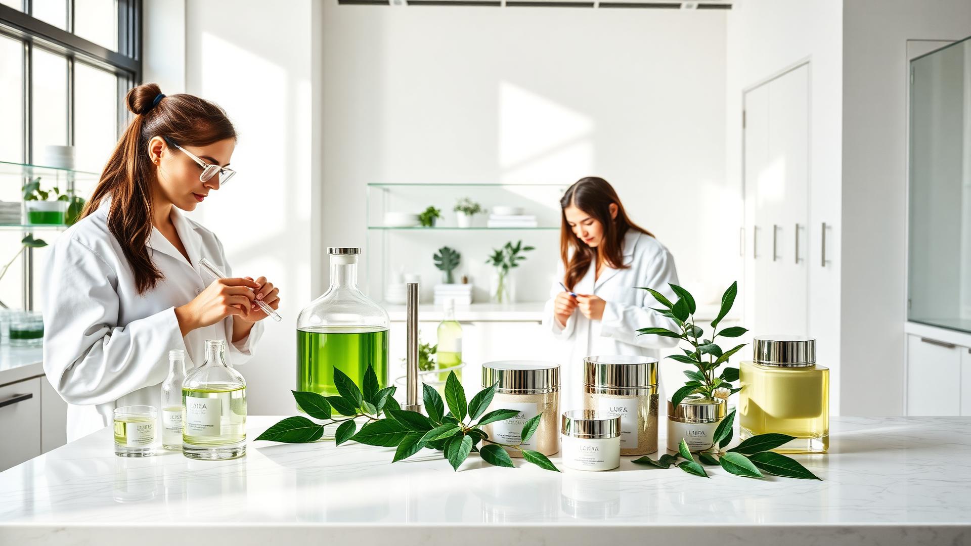 Modern cosmetic laboratory with scientists formulating beauty products among glass beakers and botanical ingredients